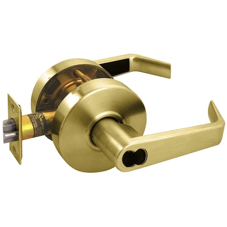 Arrow Lock Grade 2 Turn-Pushbutton Entrance Cylindrical Lock, Sierra Lever, SFIC Less Core, Satin Brass Finish,  RL11-SR-04-IC